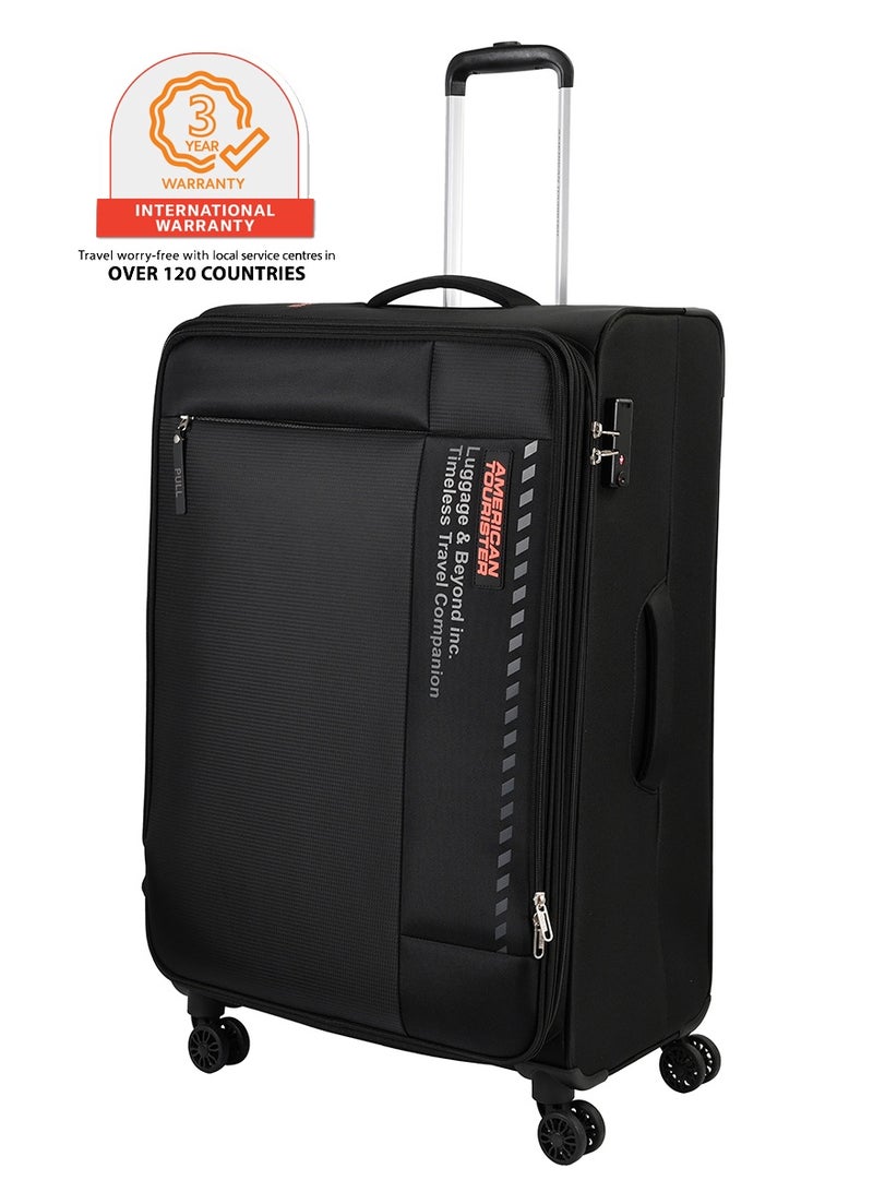 AMERICAN TOURISTER Marina Suitcase, Check-In Size 81 cm / 30 inch, 4 Spinner Wheels, Soft Top, 100% Polyester, Black|Inner Mesh Zippered Pocket|Expandable|TSA Lock|Voluminous Front Pocket - 3 Years International Warranty - Image 1
